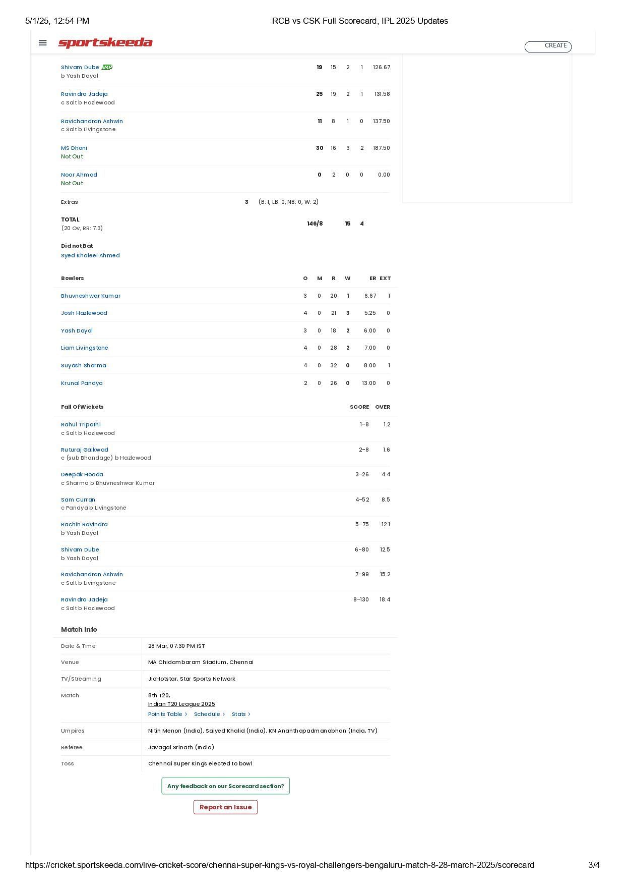 RCB vs CSK IPL 2025 scorecard.